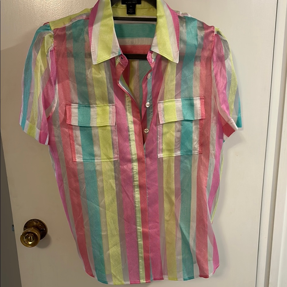 Halogen Pink and Green Blouse with Short Sleeves